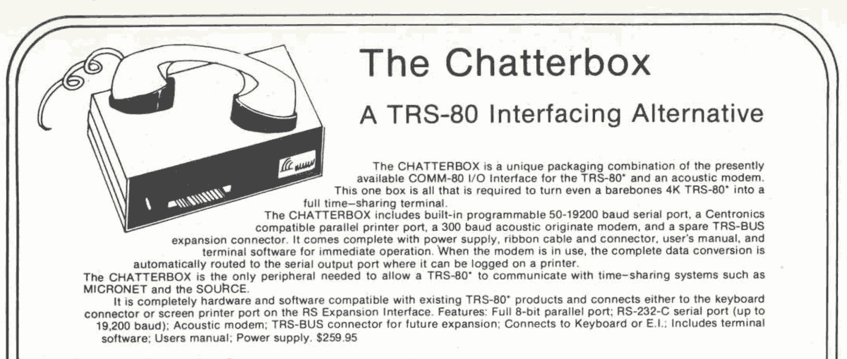 Ad for a TRS-80 modem that could access The Source